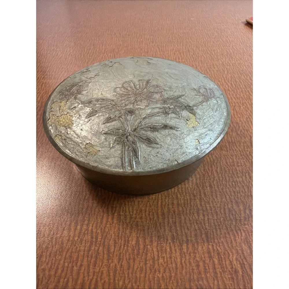 Vintage Round Brass Trinket Dish with Lid Painted Enamel Floral Design 4